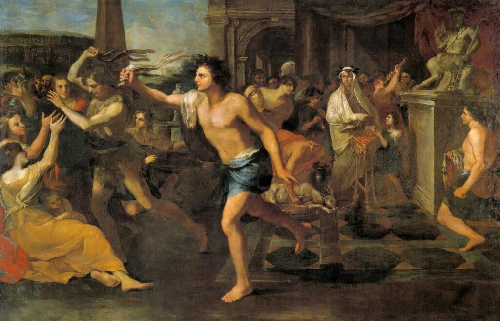 Young Roman men running through the streets chasing girls during the festival of Lupercalia.