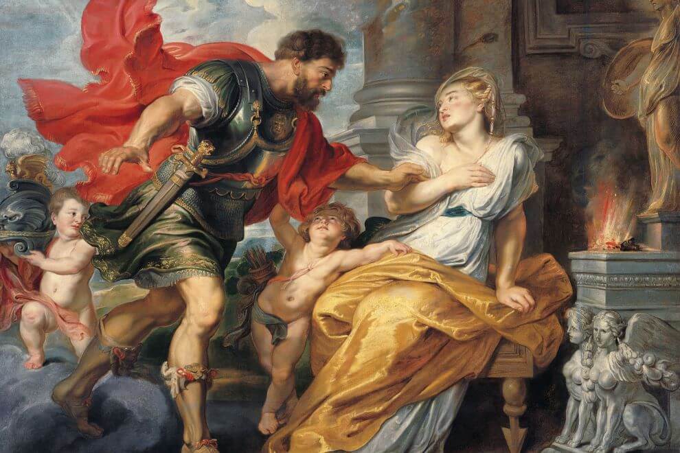 The Roman god Mars in shining armour approaching the vestal virgin Rhea Silvia.
