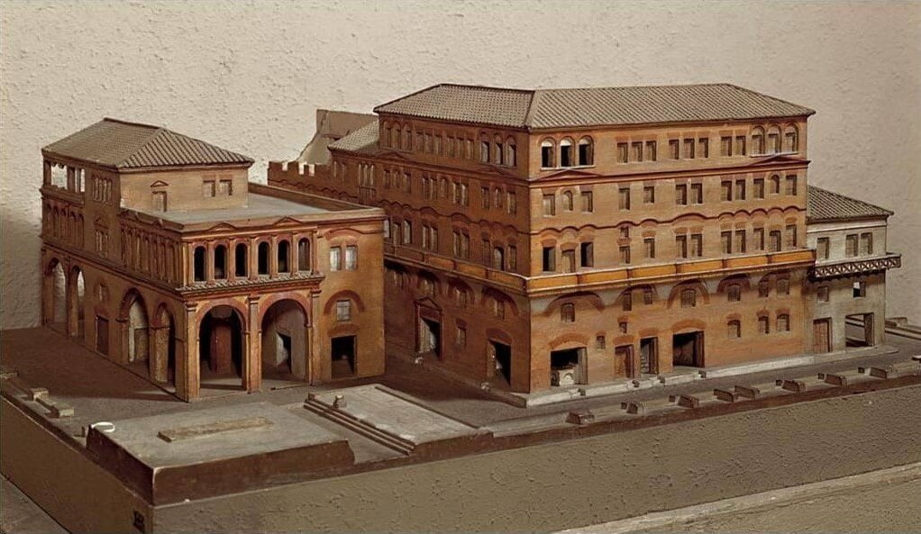 A model of an ancient Roman apartment block, known as an insula.