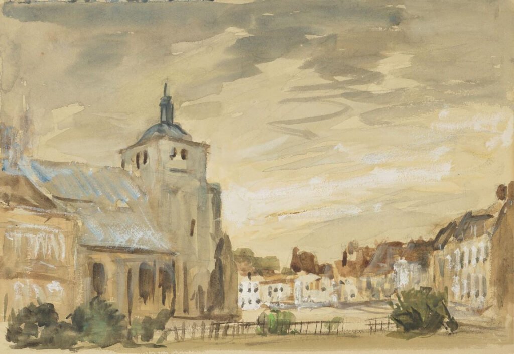 A painting of broad strokes giving an impresion of the French twon of Montreuil-sur-Mer