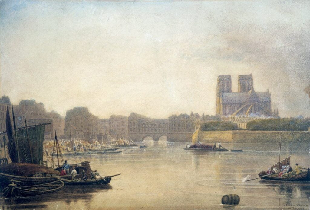 A painting of Paris against the backdrop of the Seine and the Notre-Dame