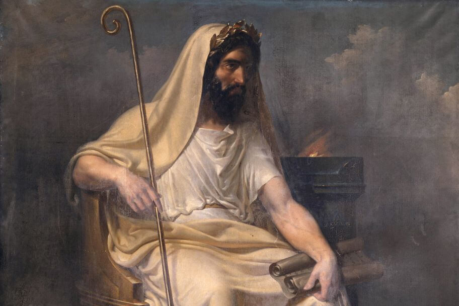 King Numa Pompilius depicted with a staff and covered head against a dark background of clouds.