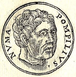 An engraved profile portrait of the second Roman king Numa Pompilius.