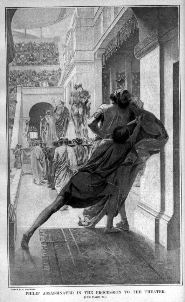 Young man assassinating Philip of Macedon at a ceremonial procession to the theatre.