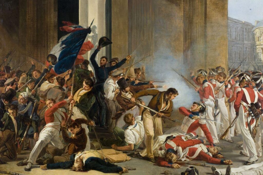A painting depicting a battle scene in Paris from the July Revolution