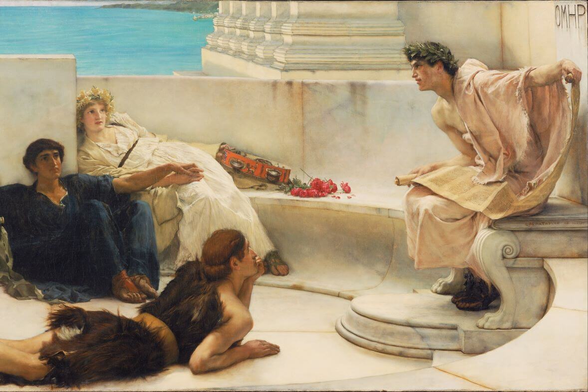 Painting of an ancient Greek poet reading from Homer using a papyrus scroll.
