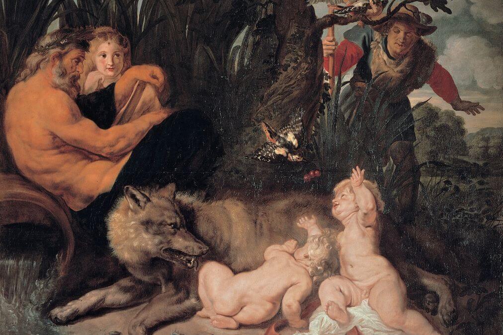 Romulus and Remus suckled by the she-wolf on the banks of the Tiber river.