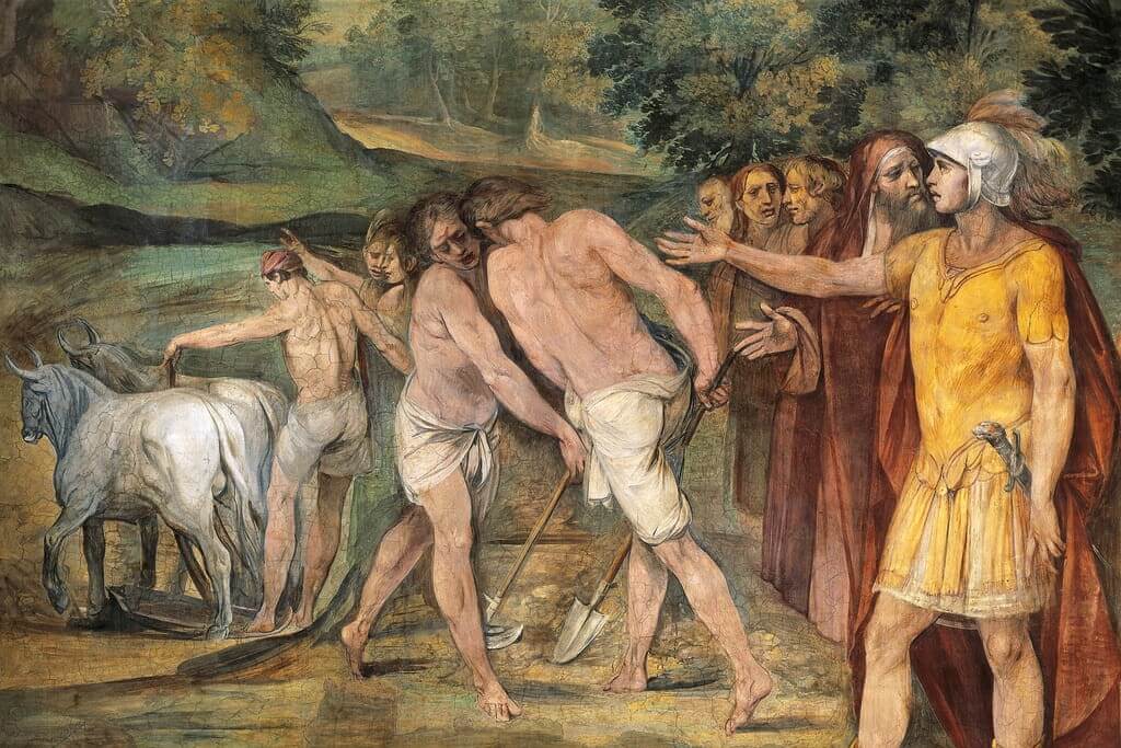 Romulus ordering servants to mark Rome's sacred boundaries with an ox-drawn plow.