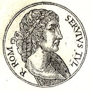 An engraved profile portrait of the sixth Roman king Servius Tullius.
