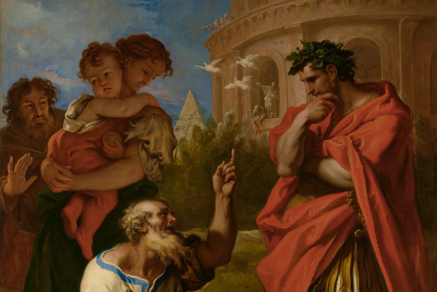 Tarquin the Elder with his regal toga and laurel wreath consulting the augur Attus Nevius.