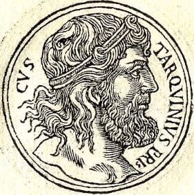 An engraved profile portrait of the fifth Roman king Lucius Tarquinius Priscus.