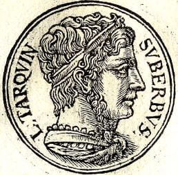 An engraved profile portrait of the seventh and final Roman king Lucius Tarquinius Superbus.