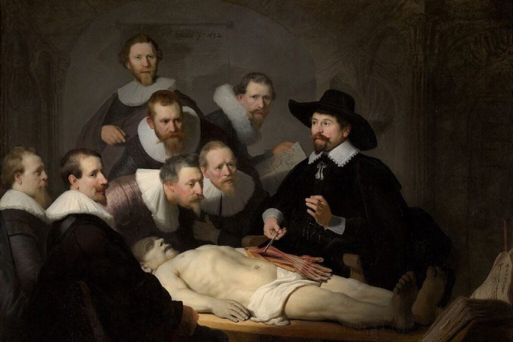 A baroque painting by Rembrandt depicting the dissection of a human corpse in an anatomy lesson.