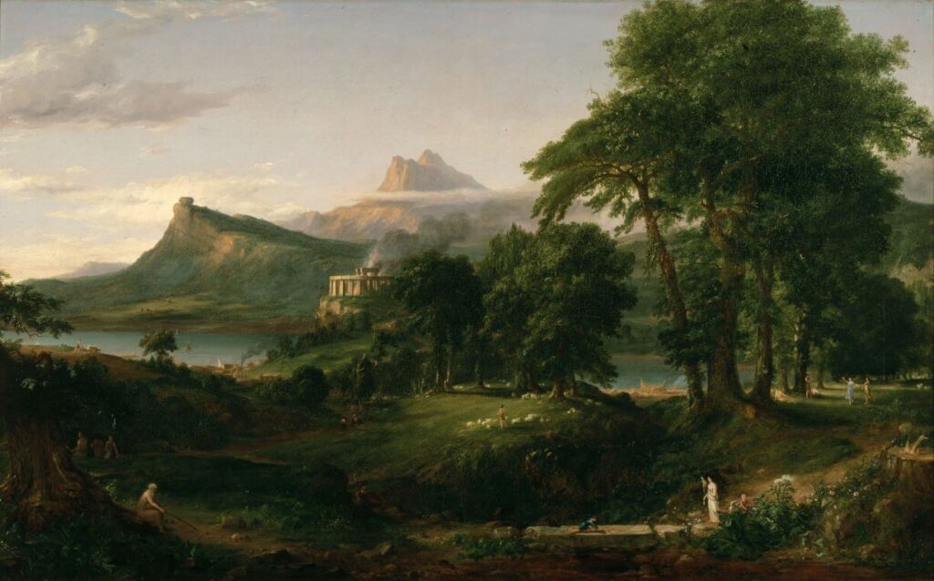 A Archaic Greek, pastoral landscape, full of green trees, vegetation, and lofy mountains.