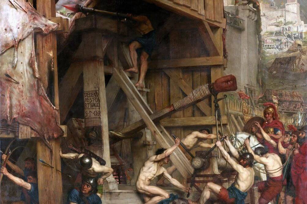 A painting of the siege of Carthage, showing Roman soldiers handling a catapult at the gates.