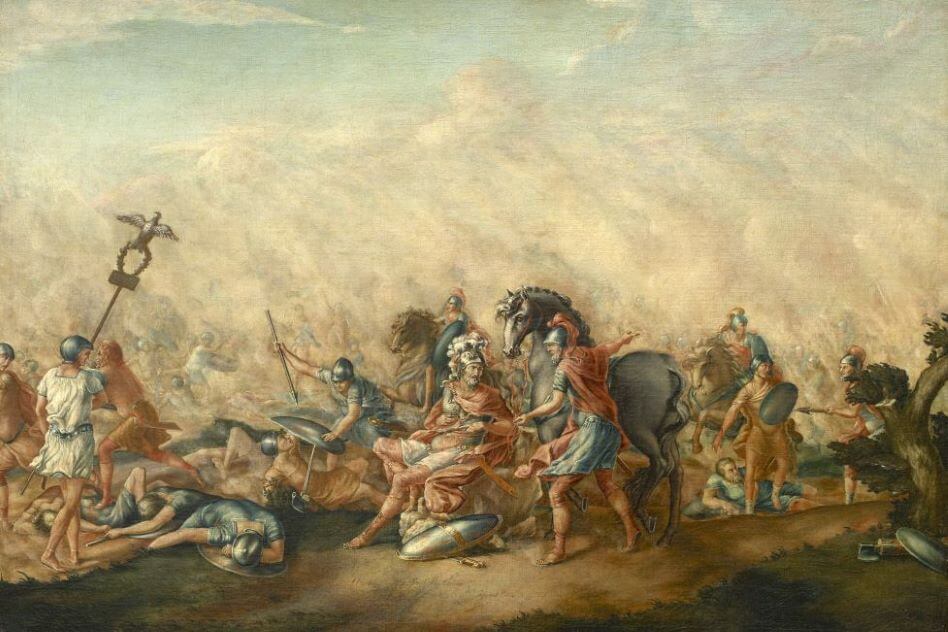 A painting showing the carnage of the battle of Cannae, with greats dust clouds on the background.