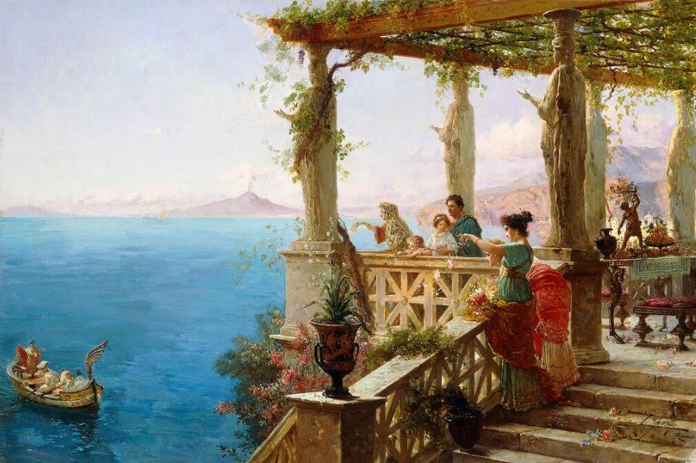 A painting of a terrace looking out over the Mediterranean sea.