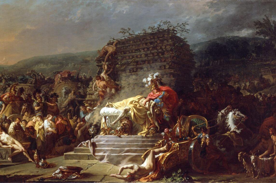 Painting of Achilles clasping the corpse of Patroclus in front of a funeral pyre.