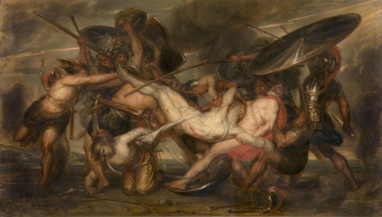 Painting of the body of Patroclus, which is heavily fought over by the Greeks and Trojans.