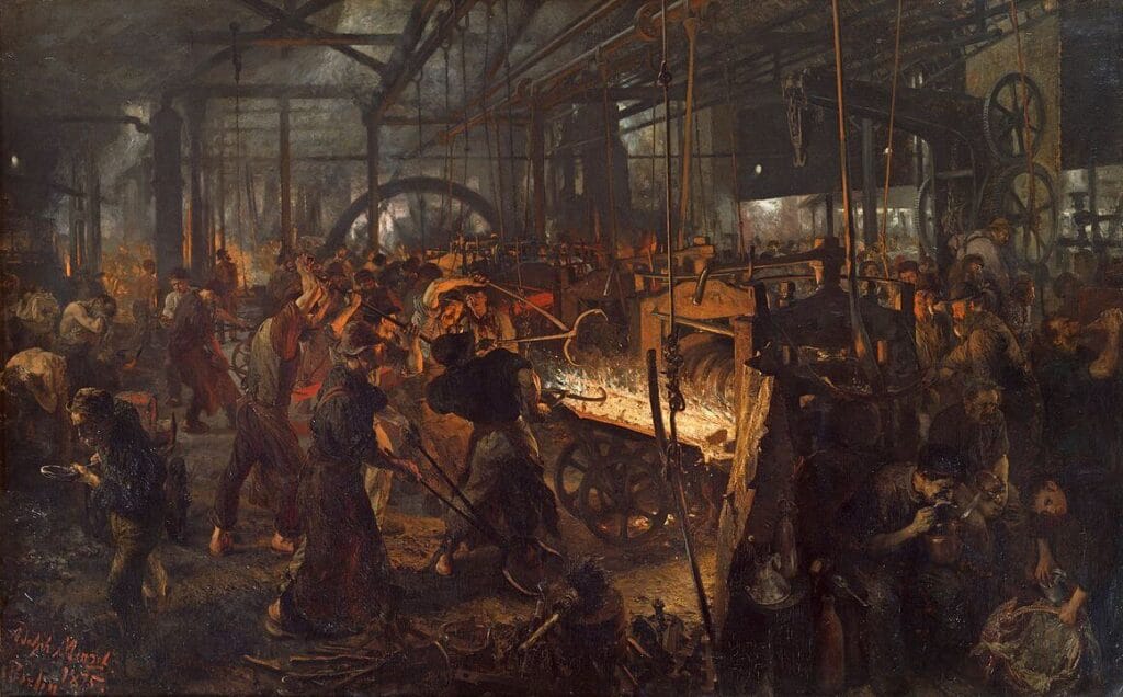 A painting of an iron factory during the industrial revolution, showing bleak and dark colours juxtaposed with blazing fires.