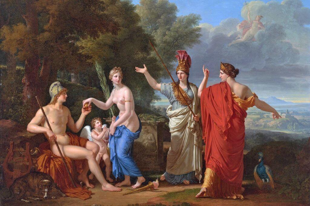 Painting of the Paris Judgement, with Paris, Eris, Aphrodite, Athena, and Hera.