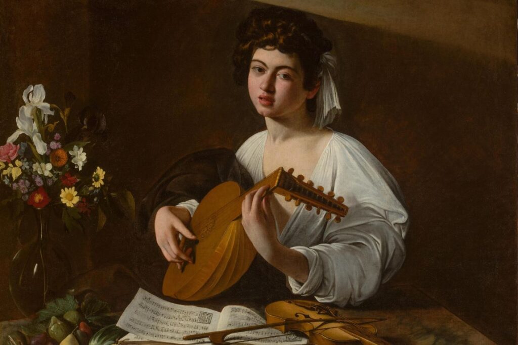 A painting by Caravaggio depicting a lute player in a homely setting.