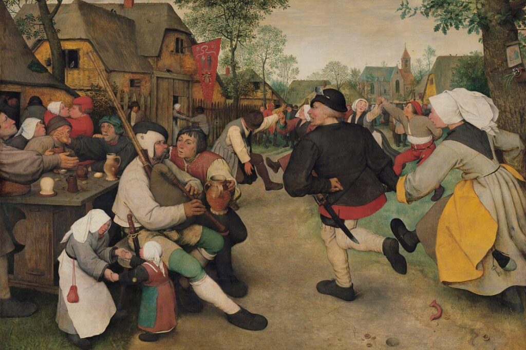 A painting by Pieter Bruegel the Elder, depicting dancing people.