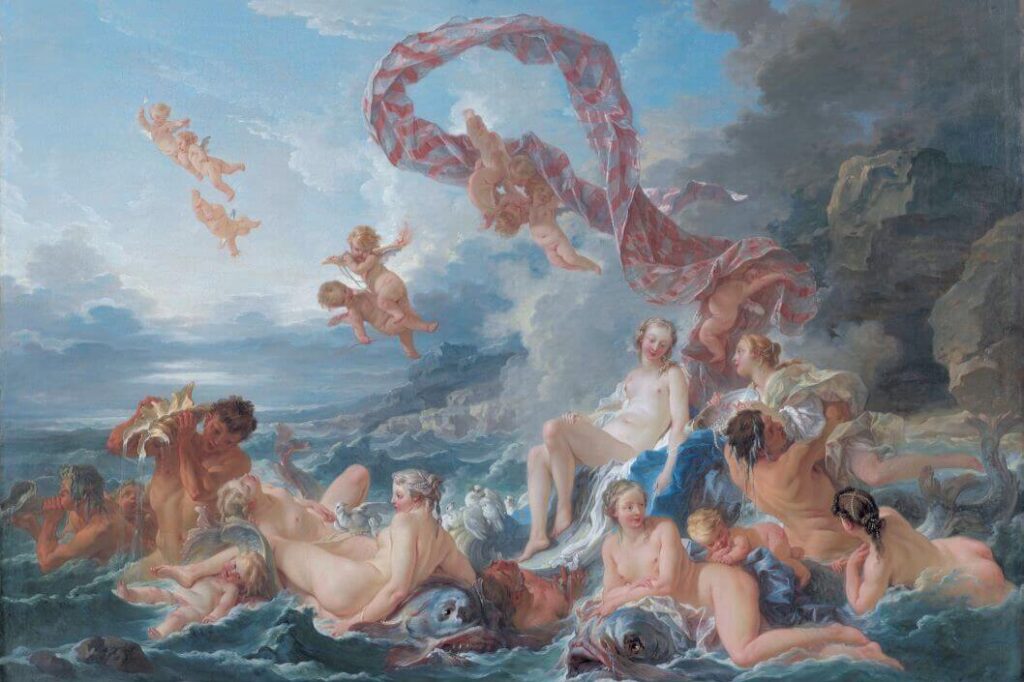 A painting depicting Venus, the goddess of Love, in a seashell surrounded by voluptuous figures.