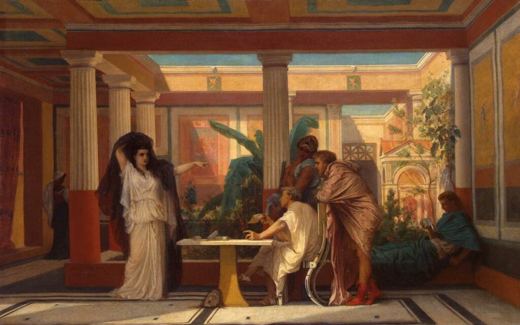 A Roman intererior with people rehearsing for a play.
